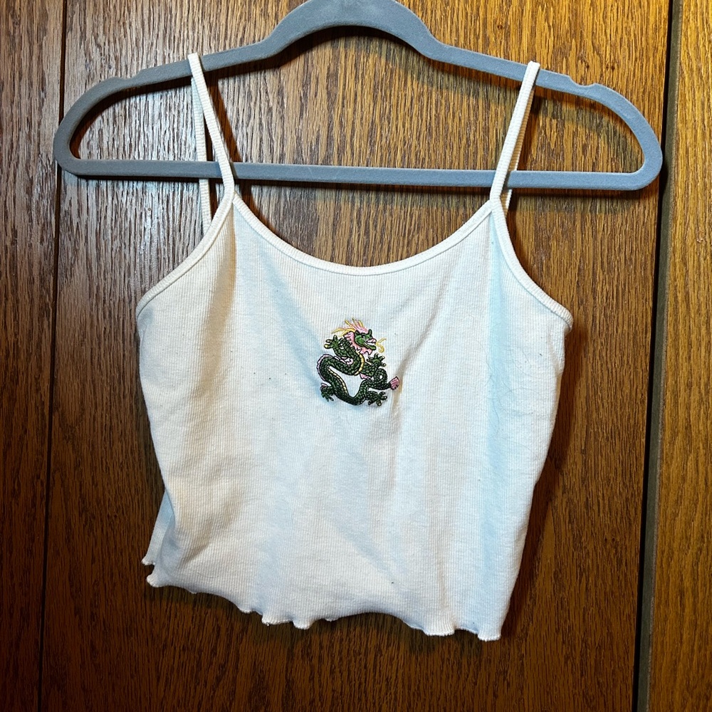 White tank top with green and pink dragon on front from shein size medium.